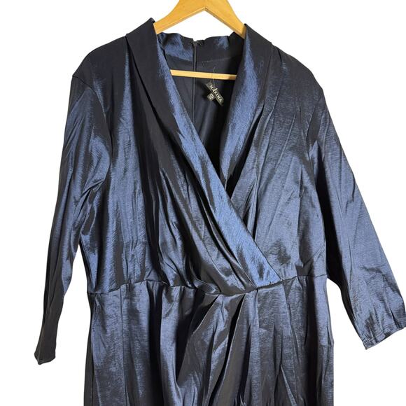 Marina Plus Size Navy Taffeta Surplice V-Neck 3/4 Sleeve Faux Wrap Dress 2X - Picture 4 of 11